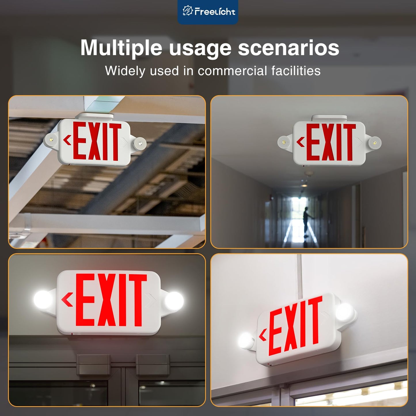 FREELICHT 4 Pack Red Exit Sign with Emergency Lights, Two LED Adjustable Head Emergency Light with Battery, Hard Wired, Exit Sign for Business