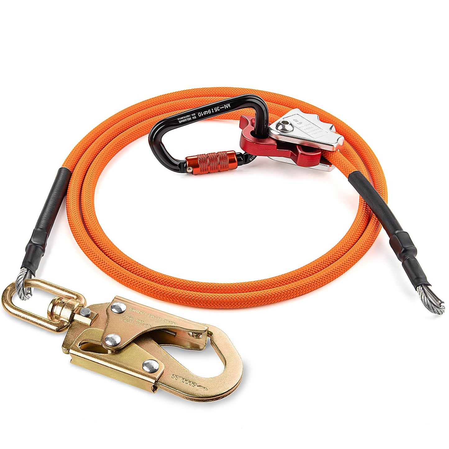 Steel Wire Core Flipline - 8ft Fall Protection Arborist Climbing Tree Arborist 1/2" Galvanized Steel Cable Lanyard Kit with Swivel Snap Hook Triple Lock Carabiner Rope Grab Adjuster
