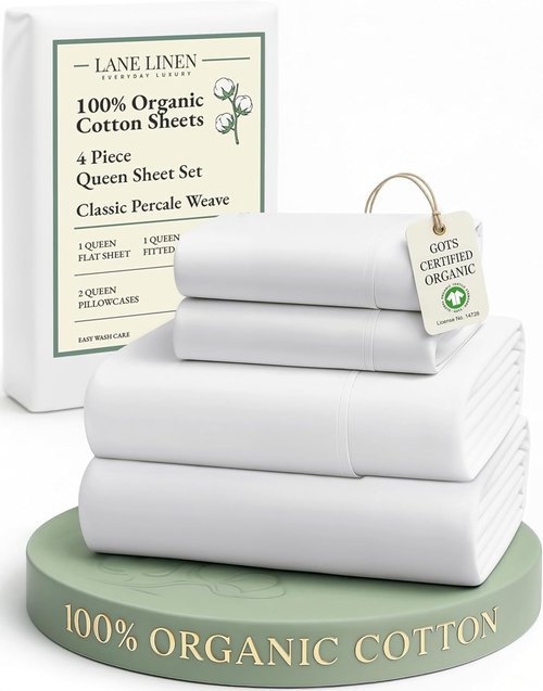 **LANE LINEN Eco-Friendly 100% Organic Cotton Queen Sheet Set - Soft, Comfy & Naturally Cooling, White**