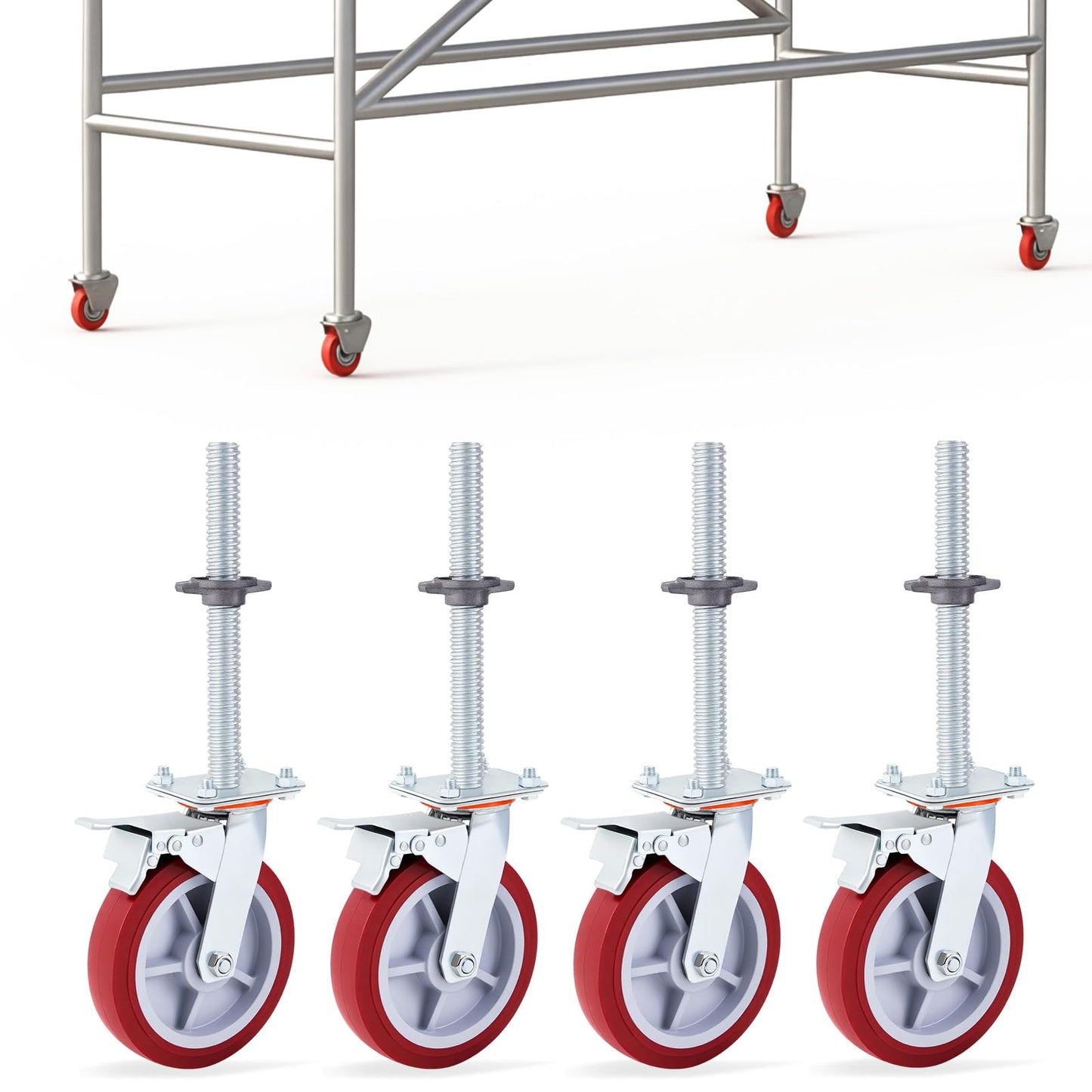 Colingmill 4 Pack 8 Inch Adjustable Leveling Scaffolding Wheels Scaffolding Caster Wheels with Brake 1-1/5" Od Scaffold Screw Swivel Casters Locking Set