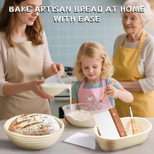 Dimpola Banneton Bread Proofing Basket Set - Handmade Rattan Sourdough Bowl with Liner | Round Design