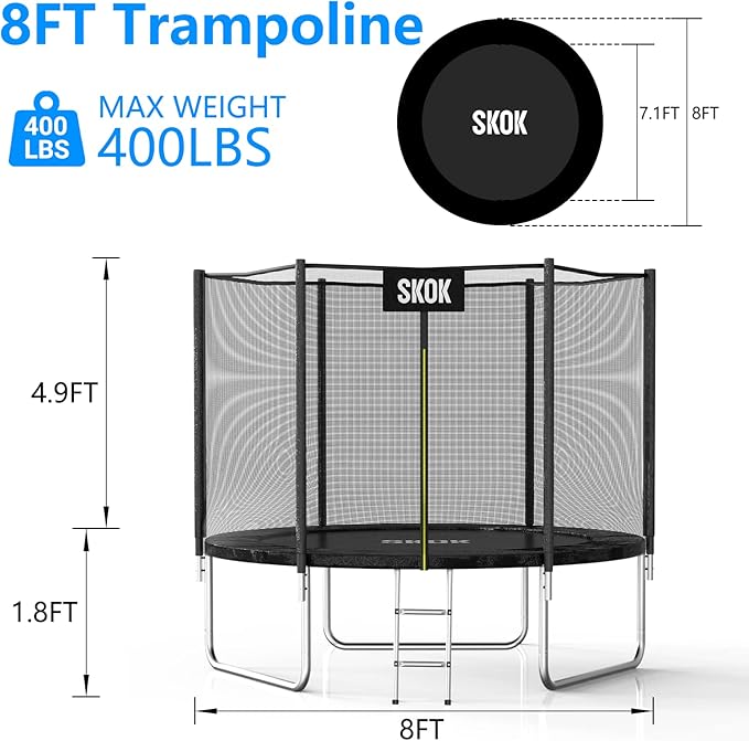 SKOK Trampoline 8FT 10FT 12FT 14FT 15FT Trampolines with Enclosure Net, 400LBS Outdoor Trampolines for Kids with Basketball Hoop-ASTM Approved Trampoline for Children and Adults with Ladder