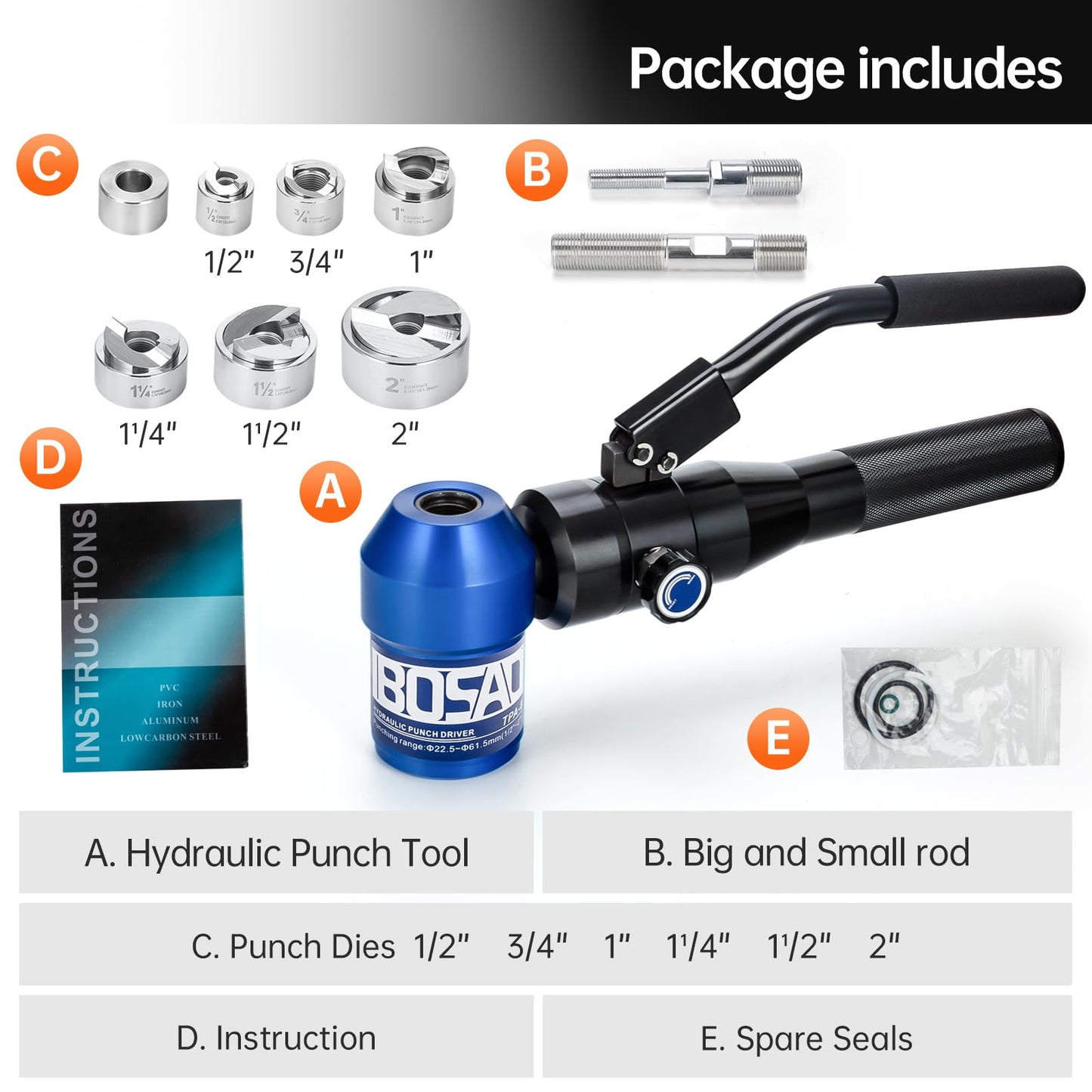 IBOSAD Aluminum Alloy Hydraulic Knockout Hole Punch Driver Kit 1/2 to 2 inch Electrical Conduit Hole Cutter Set KO Tool Kit Metal Sheet Puncher (TPA-8-NEW)
