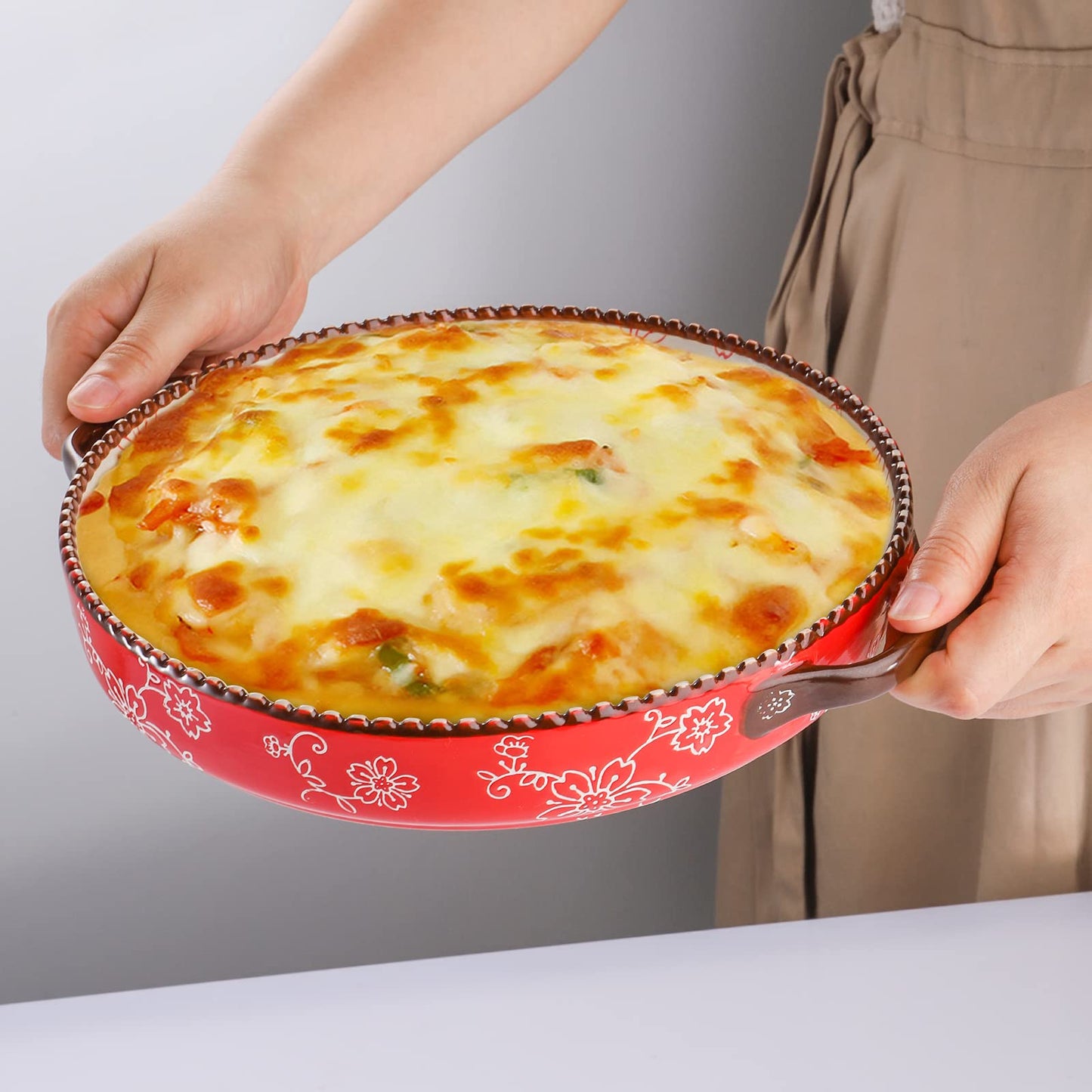 AVLA 2 Pack Ceramic Pie Pan, 9 Inch Round Baking Dish with Double Handle, 28 Ounce Deep Quiche Plate for Kitchen, Cooking, Roasting Lasagna (Sakura, Red)