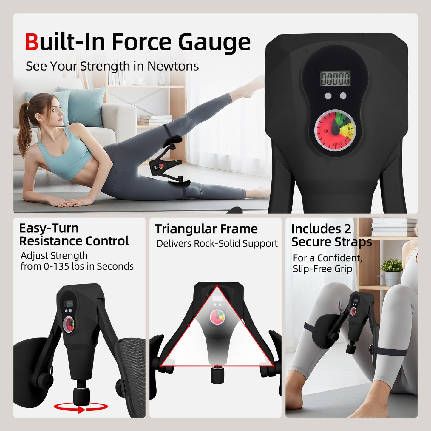 Abahub Inner Thigh Trainer with Display Counter, 0-132 LBF Adjustable Resistance Pelvic Floor Muscle Exerciser, Home Gym Kegel Trainer Includes Bands, Arm Workout Handles & Wireless Jump Rope, Black