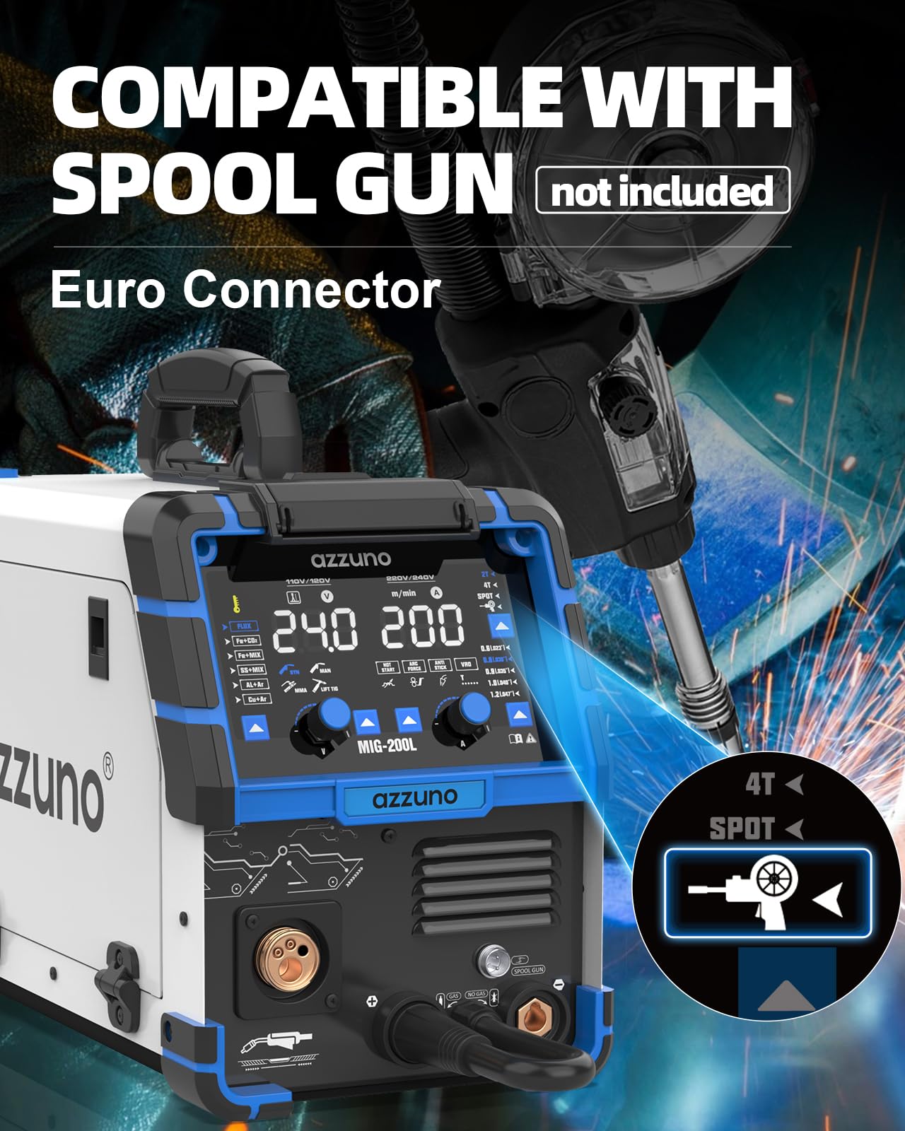 AZZUNO 200A MIG Welder+Lift TIG Welding Torch WP-17V(35-50mm²), 110V/220V 8 in 1 Welder Machine Aluminum MIG/Gas MAG/Gasless Flux Core MIG/Gas MIG/Spot MIG/Spool Gun Compatible/Lift TIG/Stick Welding