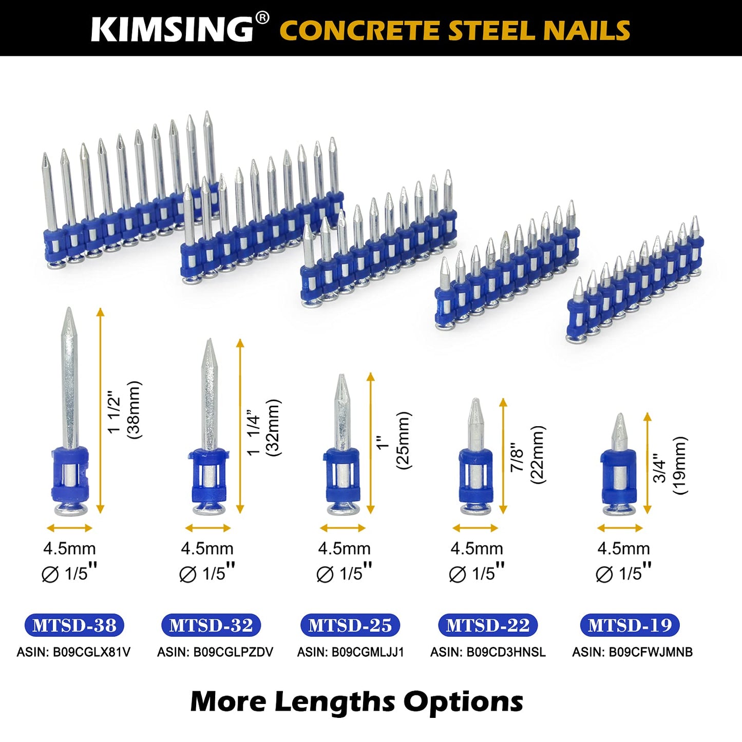 10 Boxes - KIMSING MTSD-19 12 Gauge 3/4 Inch X .109 Inch Smooth Shank Plastic Collated Concrete and Steel Drive Pin Mechanical Galvanized for Gas Power Concrete and Steel Nailer 1,000 PCS/Box
