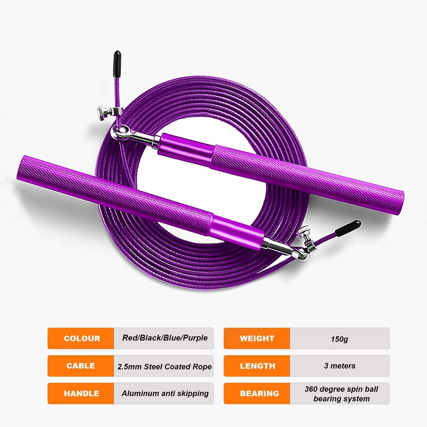 Purple Speed Jump Rope for fitness - Adjustable skipping rope- Tangle-Free-360° Swivel Ball Bearing-Aluminum Anti Skipping Handle -Training Sports Exercises -suitable for kids and adults (Purple)