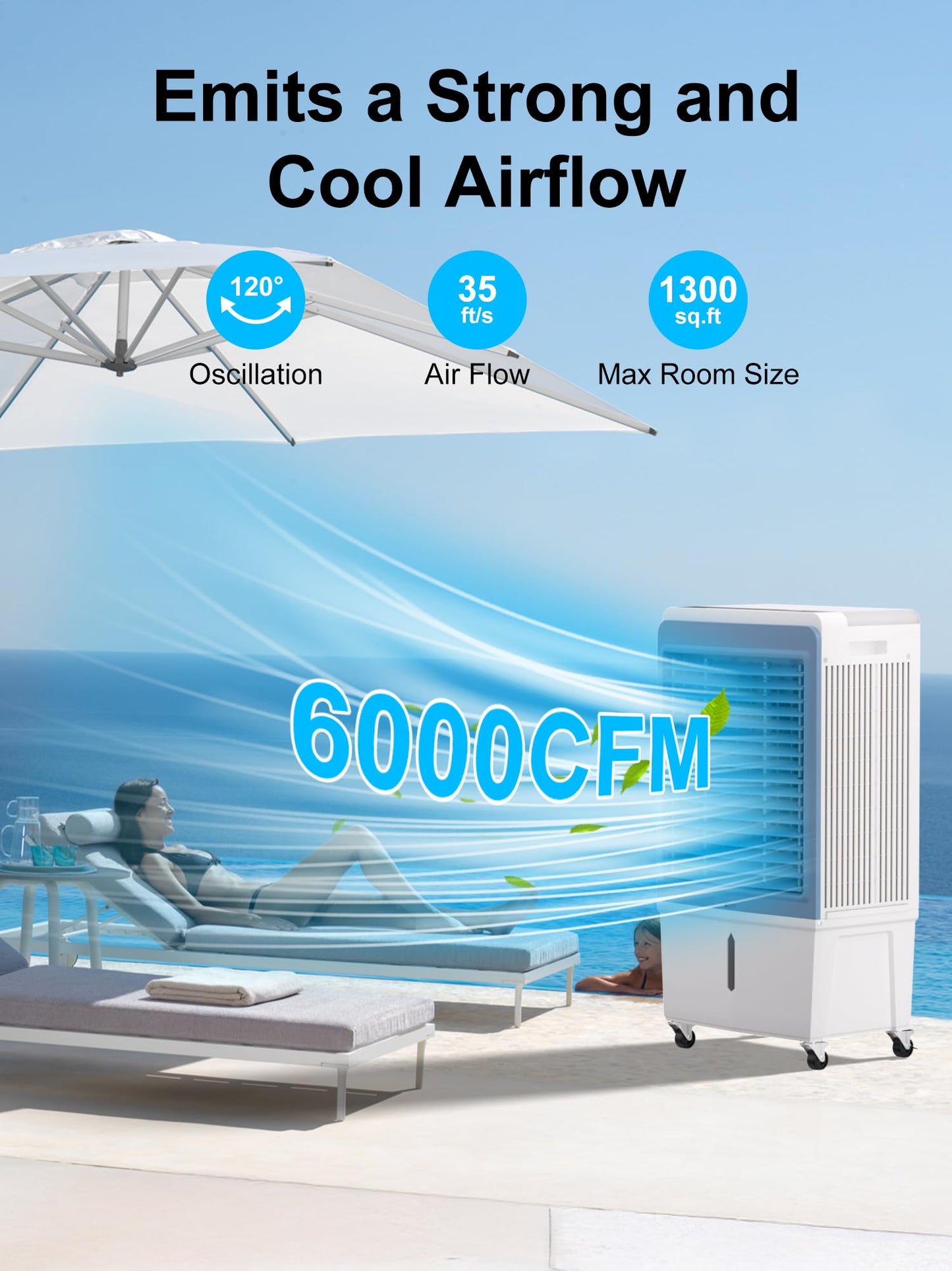 Uthfy 6000 CFM Swamp Cooler Air Conditioner, Outdoor Evaporative Air Cooler with 13.5 Gal Water Tank, Remote, 120° Oscillation, 12H Timer, 47" Portable AC with Copper Motor for Patio, Garage