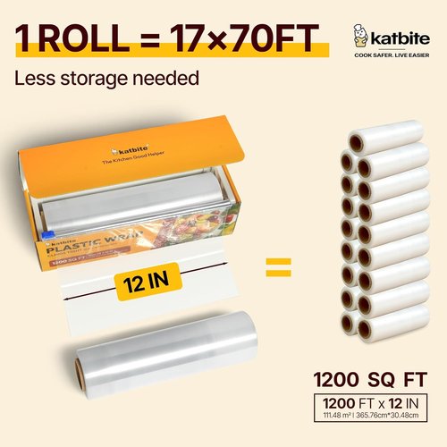 Katbite Plastic Wrap - Durable 12" x 1200' Clear Food Service Film with Removable Slide Cutter