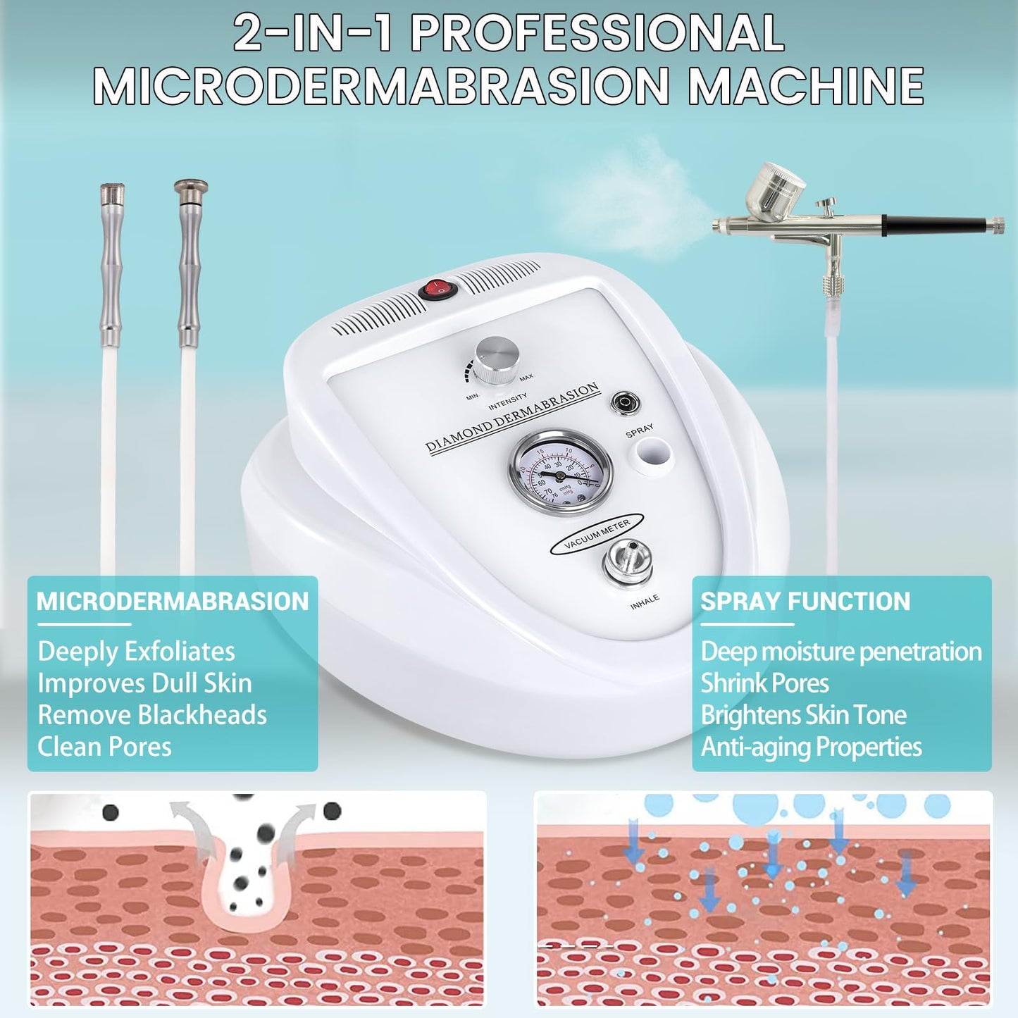 2 in 1 Diamond Micro der-ma-bra-sion Machine, Yofuly 0-68cmHg Suction Power Professional Diamond Glow Facial Machine with Spray Kit, Facial Skin Care Equipment for Home Use
