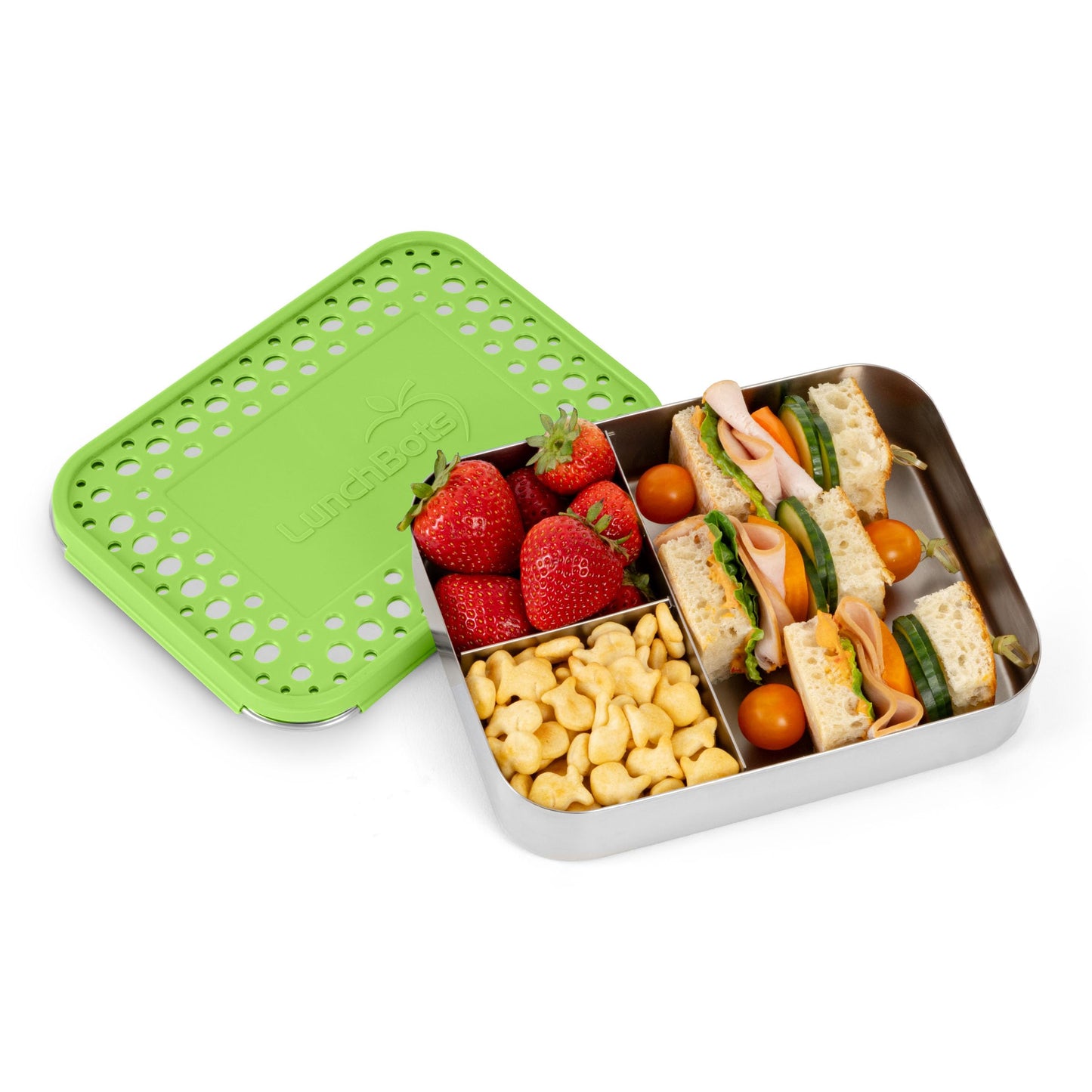 LunchBots Large Trio Stainless Steel Lunch Container -Three Section Design for Sandwich and Two Sides - Metal Bento Lunch Box - Eco-Friendly - Stainless Lid - Green Dots