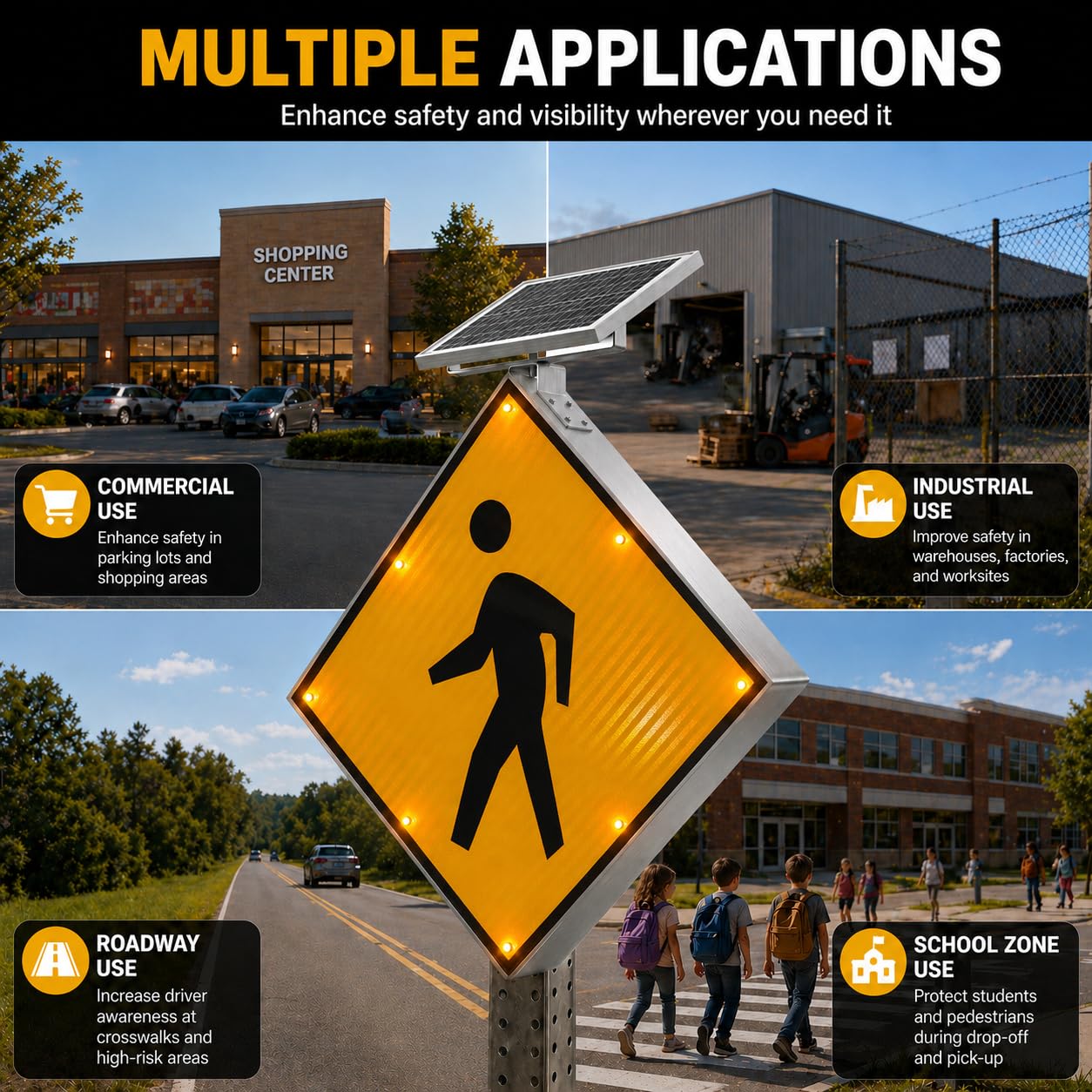 GAJTTR 30" Solar Powered LED Pedestrian Crossing Sign, High Visibility Flashing Crosswalk Sign with 8 Blinking LEDs, Engineer Grade Reflective Film, Heavy Duty Aluminum Metal Frame for Schools, Driveways & Communities (Yellow)