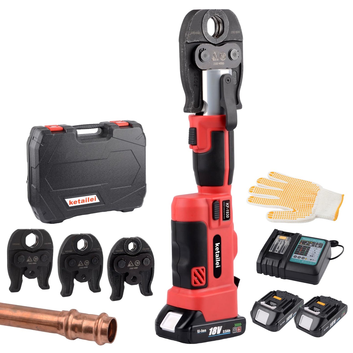 ketailei Pro Press Copper Pipe Crimping Tool Kit - 2x 5.0Ah Battery Powered - 1/2" 3/4" 1" US Standard Jaws - Cordless Electric Hydraulic Copper Pipe Crimping Tool for Plumbers（KF-1930）