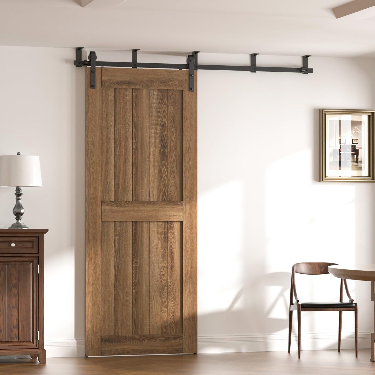 CCJH 7FT Ceiling Mount Bracket Sliding Barn Door Hardware Kit Black,Strong Bearing, Low Ceiling L-Shape Bracket System, Fit 42" Wide Single Door Panel (Basic Style)