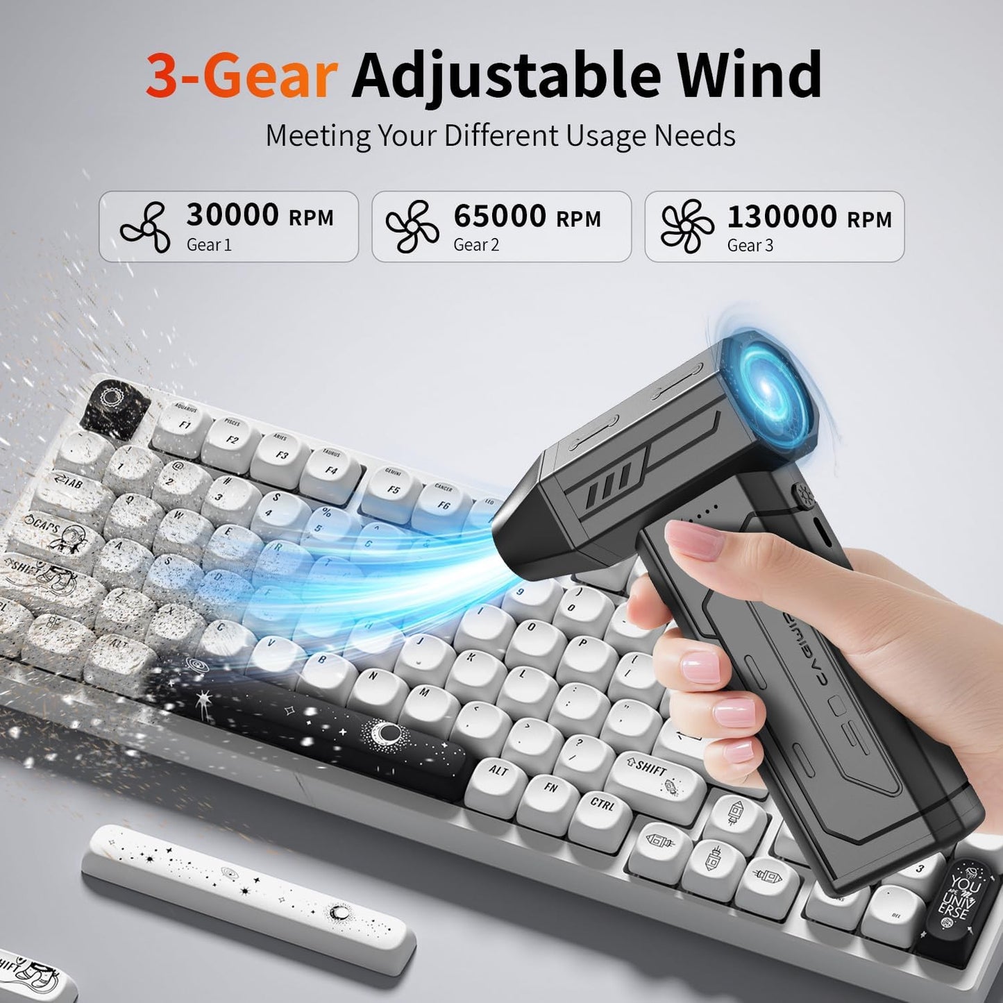 CAGIWIRU Duster,130000RPM Blower,3 Compressed Air Super Power Cordless Air Duster,Rechargeable Brushless Gear