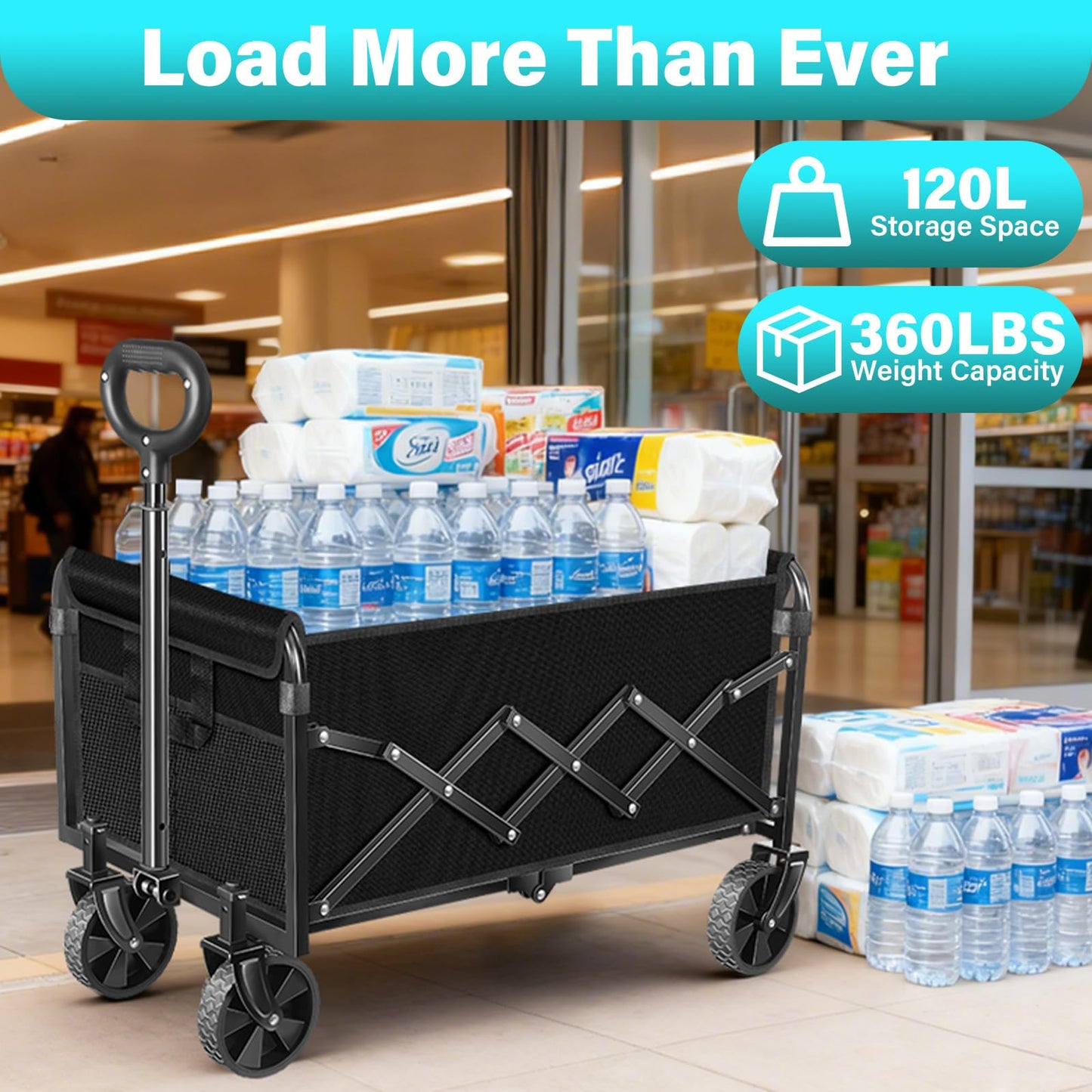 Wagons Carts Foldable, Collapsible Wagon with Wheels — Foldable Wagon for Groceries,Picnic,Beach,Camping, Small Hauls, Apartment Moving Storage, Portable Utility Folding Wagon Cart, 360lbs,Jet Black