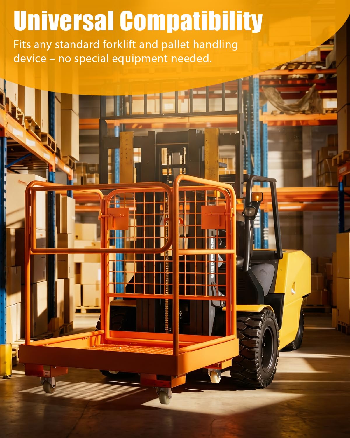 Forklift Cage 36x36 Inches Work Platform Safety Cage，Collapsible Lift Basket with 4 Wheels Device Chain for Aerial Work Lifting Loader