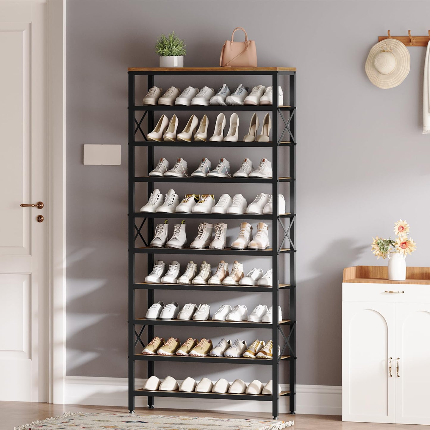 YATINEY 10-Tier Tall Shoe Rack and 12-Tier Tall Shoe Rack Organizer, Wooden Shoe Storage for Closet Holds 48 Pairs, Sturdy Shoe Shelf with X-Shaped Metal Support, for Entryway SS210BR-SS212WW