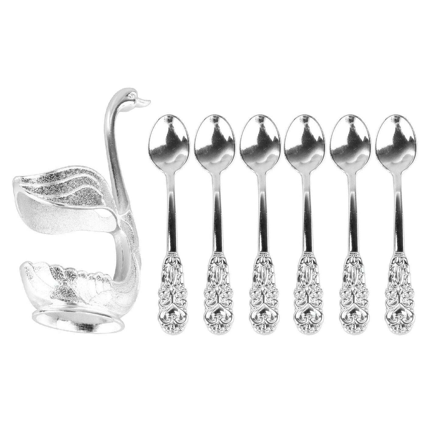6pcs Coffee Spoon Holder, Elegant Swan Shaped Alloy Mirror Polish Spoon Rest for Tea Dessert Sugar, Silver Demitasse Spoons Included