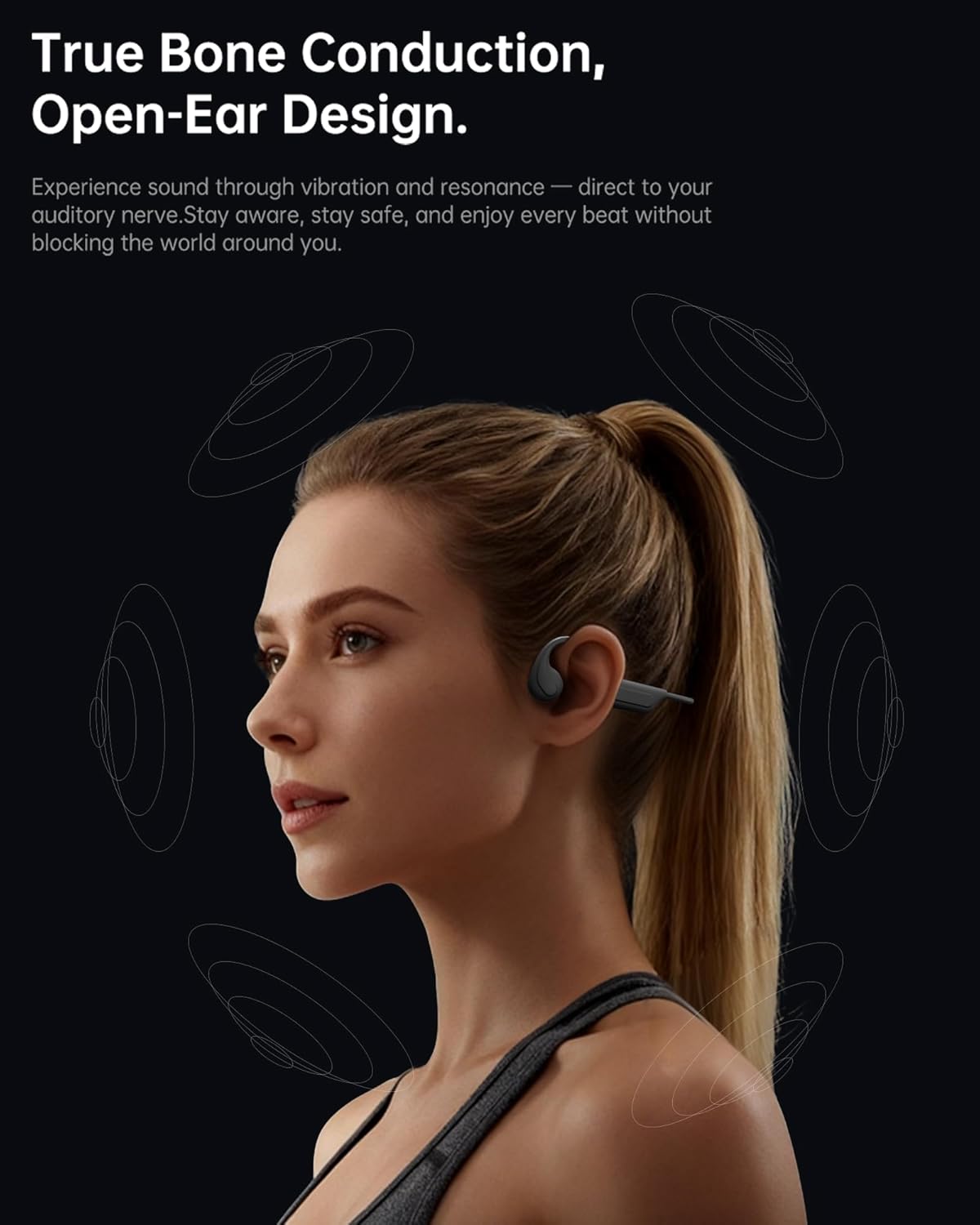 Vonlaxi 3 6.0 IP65 Bone Conduction Headphones Open Ear, EQ Modes Bluetooth with Mic, Anti-Leak Directional HD Audio
