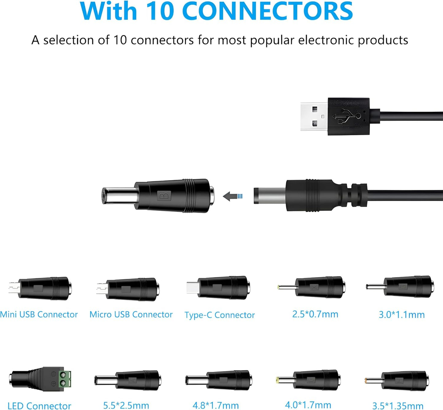 waremew 5V 5.5x2.1mm,with 10 2.5x0.7, 3.0x1.1, 3.5x1.35...) Universal Charger Power Cable, USB to DC Connectors