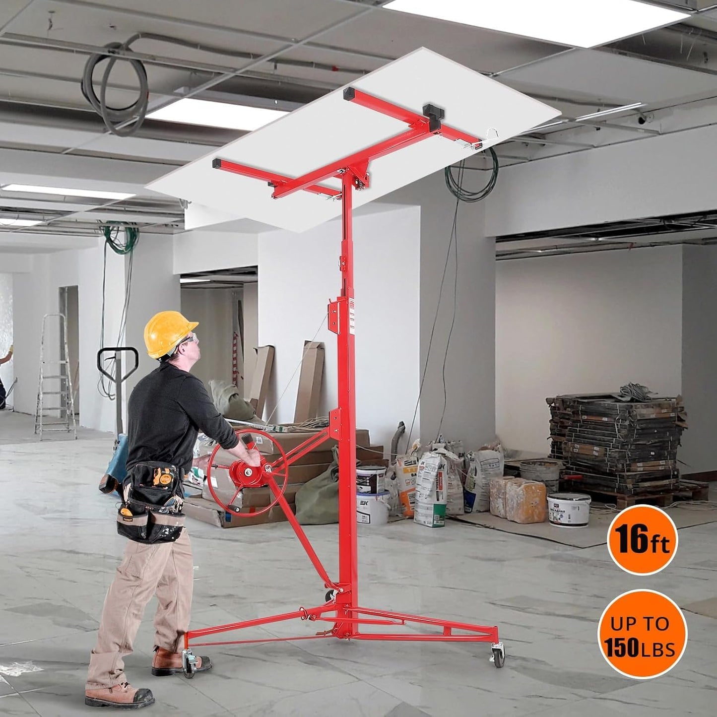 Drywall Lift 16FT, Drywall Jack Lift for Ceiling, Adjustable Panel Hoist, 150LBS Heavy Duty Drywall Lifter, 3 Lockable Wheels Foldable Sheetrock Lift for Home Improvement, Red