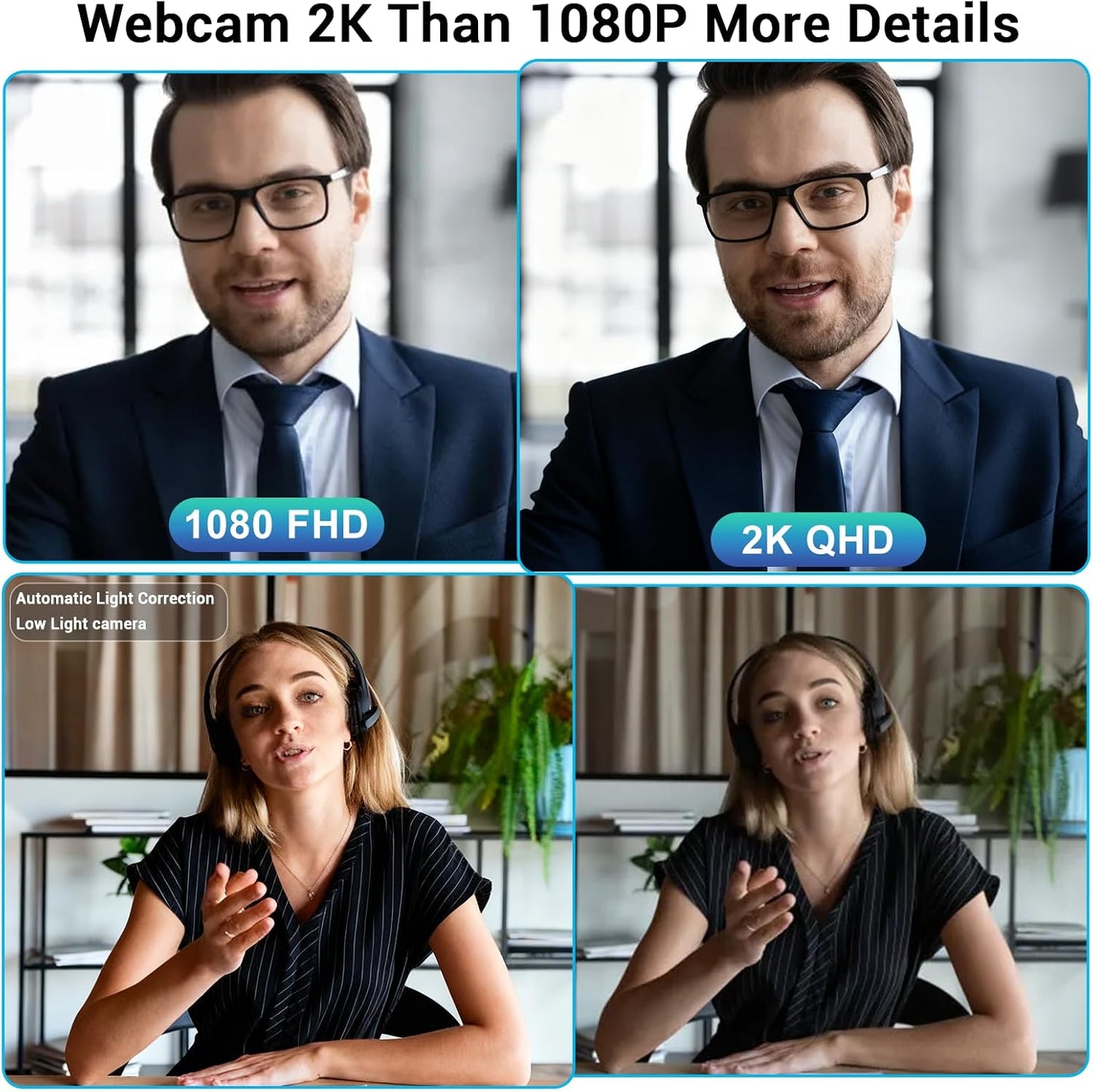 Generic 2K Hprosper Webcam with Microphone, Automatic Light Correction & Privacy Cover, Wide Angle USB Camera for PC