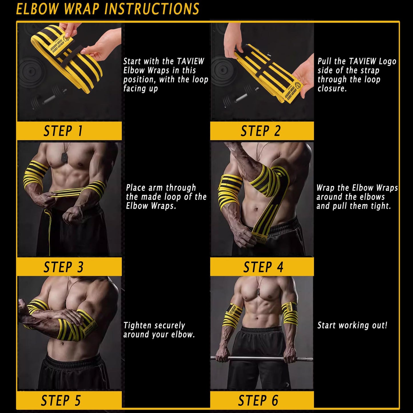 TAVIEW Elbow Wraps for Weightlifting (1 Pair), 47" Elastic Elbow Support & Compression Powerlifting, Fitness, Cross Training & Gym Workout, Elbow Straps Weight Lifting
