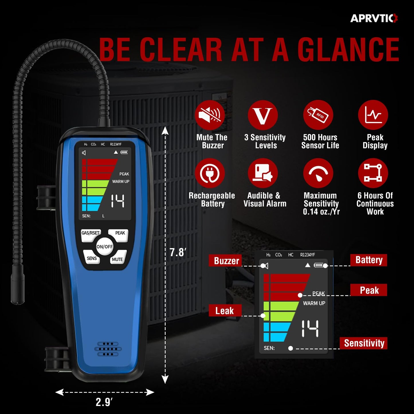 Refrigerant Leak Detector, Aprvtio ALD-200 3-in-1 Freon Leak Detector Tester A3 A2L A1 Refrigerants Compatible, Rechargeable, Multipule Alarm, Heated Diode Sensor for HVAC R32 R454B R410A R134A R290