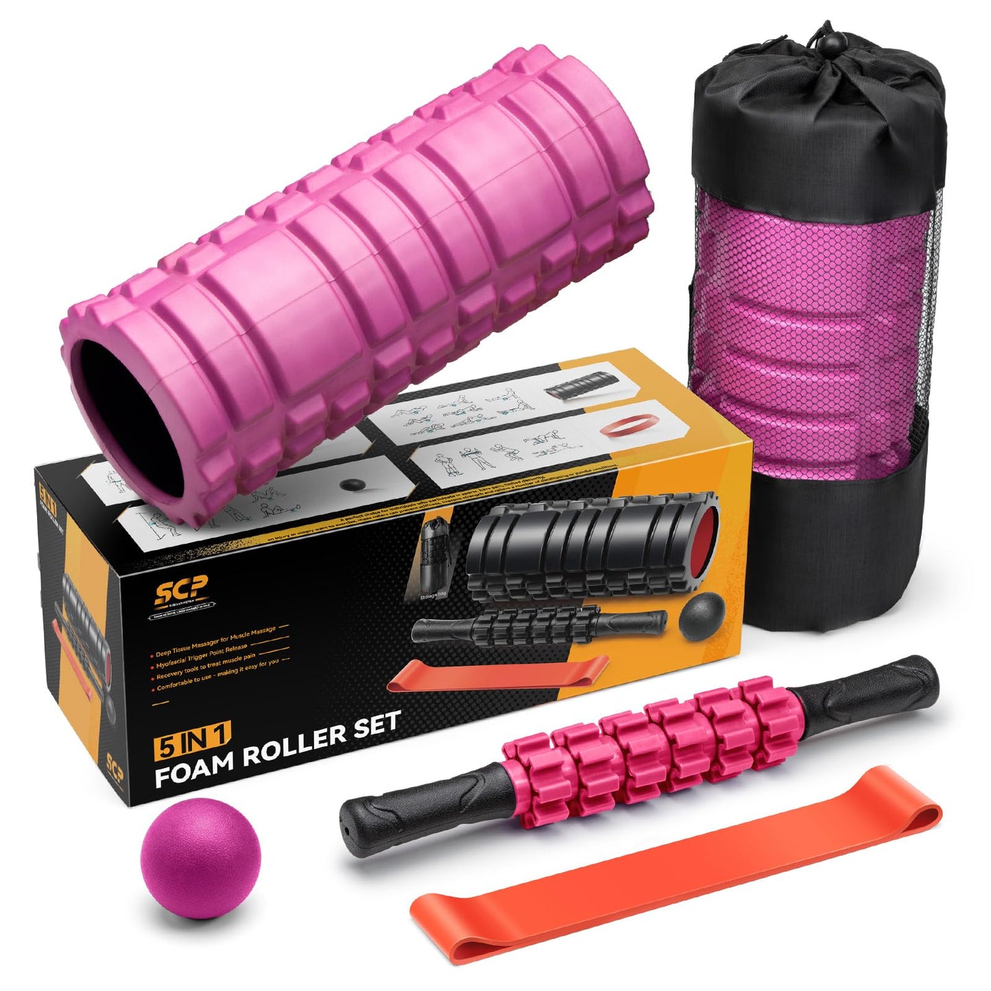 5 in 1 Foam Roller Set for Deep Tissue Muscle Massage, High Density Fitness Exercise Foam Roller, Massage Roller, Massage Ball, Resistance Band, for Whole Body (Pink-Black)