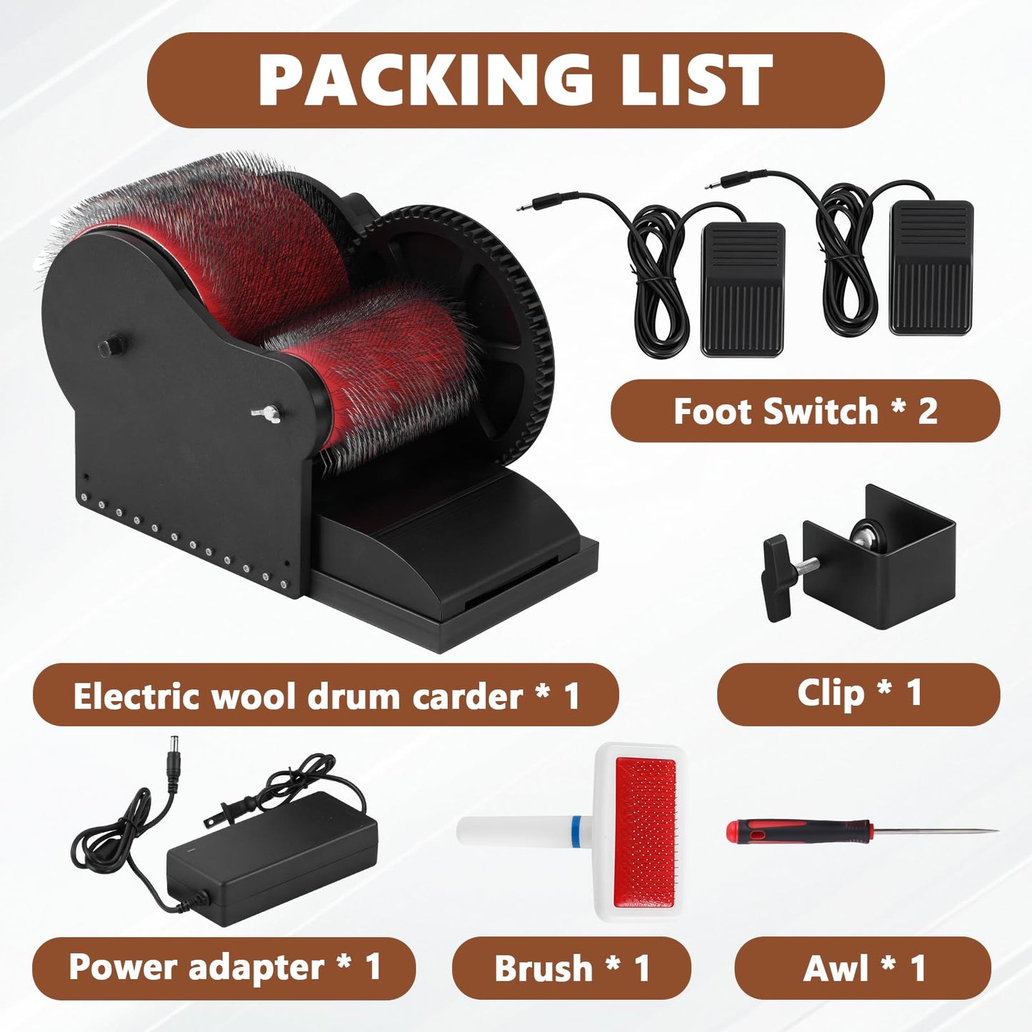 Consfly Electric Wool Drum Carder Wool Carding Machine w/Brush, Awl & 2 Foot Switches, 0-56 RPM Fiber Combing Machine for Blending Mixing