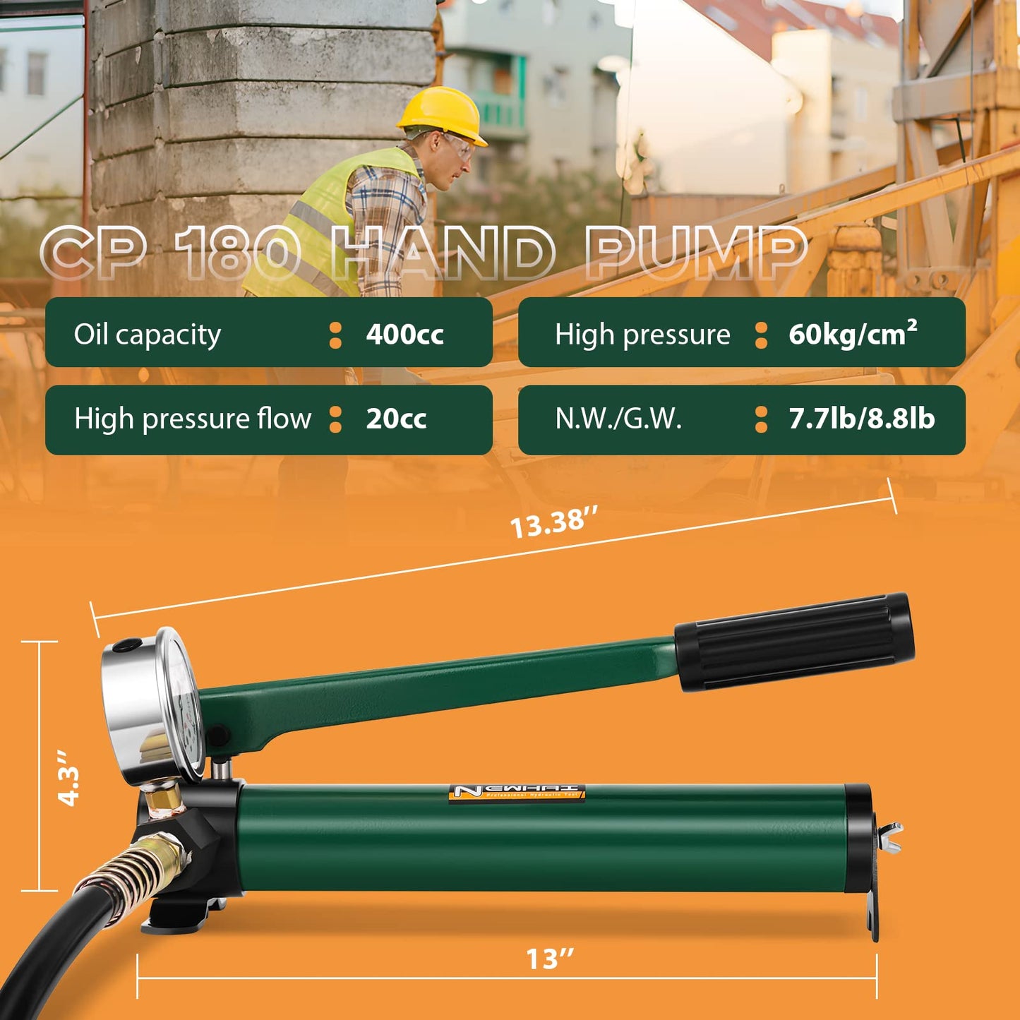 Newhai 20 ton 2” Hydraulic Ram Jack+ cp-180 Hand Pump with Pressure Gauge Hydraulic Porta Power 20 ton Kit Low Profile Short Cylinder