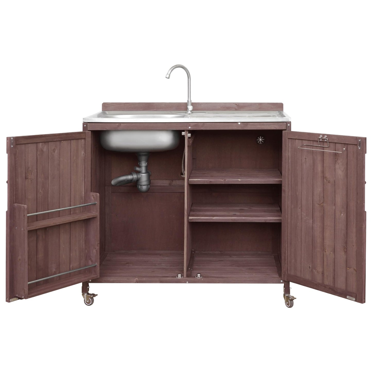 Merax Farmhouse 39.4" Outdoor Grill Cart with Stainless Steel Sink & Back Splash, Wood Rolling BBQ Prep Table w/Storage Cabinet & 4 Lockable Wheels for Patio and Outdoor Cooking,Dark Brown