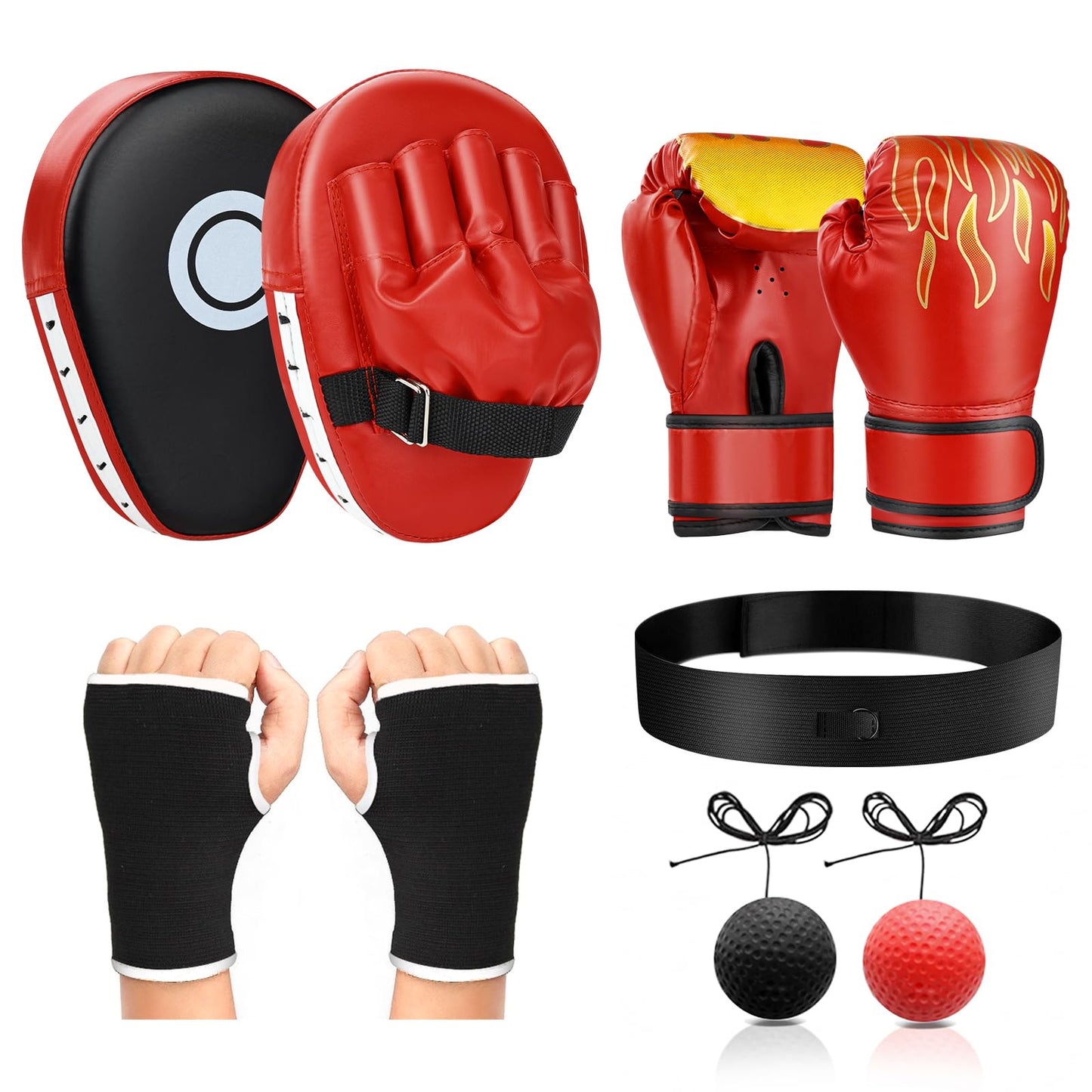 4-in-1 Boxing Gloves and Punching Mitts Set for Boys & Girls, Kids Boxing Gloves Focus Pads with Hand Wraps, Boxing Reflex Ball, Boxing Equipment Set for MMA Karate Muay Thai Taekwondo