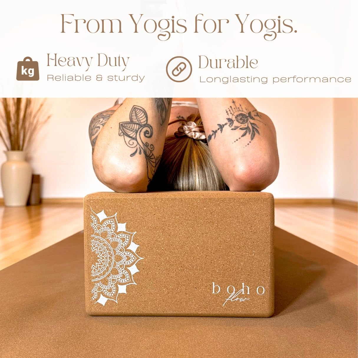 Boho Flow Cork Yoga Block Set – 2 Pack with Strap & Canvas Bag | Luxury Portuguese Yoga Blocks 9”x6”x3” | Heavy-Duty, Non-Slip Support | Eco-Friendly, Plastic-Free Materials