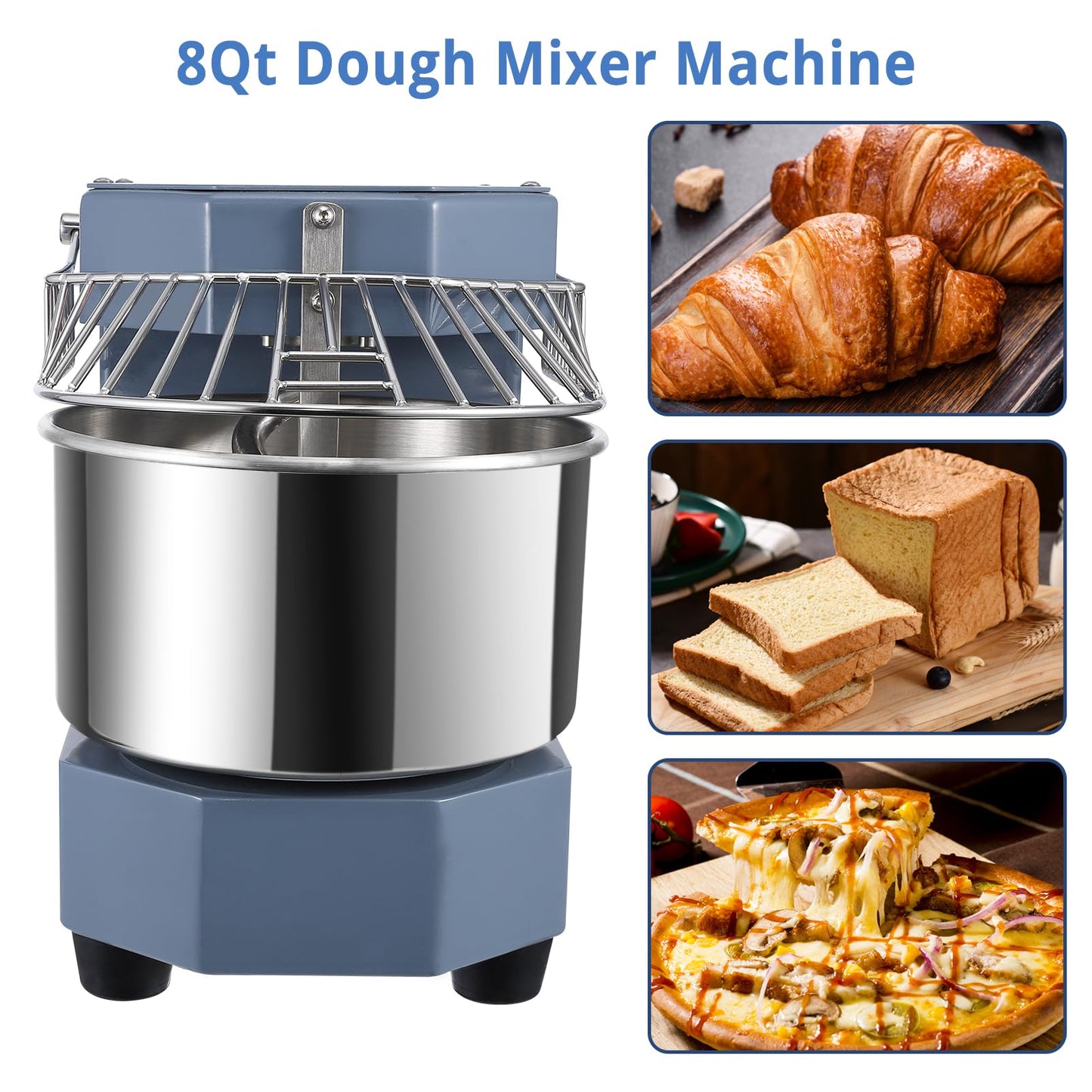PioneerWorks Commercial Dough Mixer, 8Qt Capacity, 450W Dual Rotating Dough Kneading Machine with Stainless Steel Bowl, Safety Shield,110V for Restaurant, Bakeries,Pizzeria