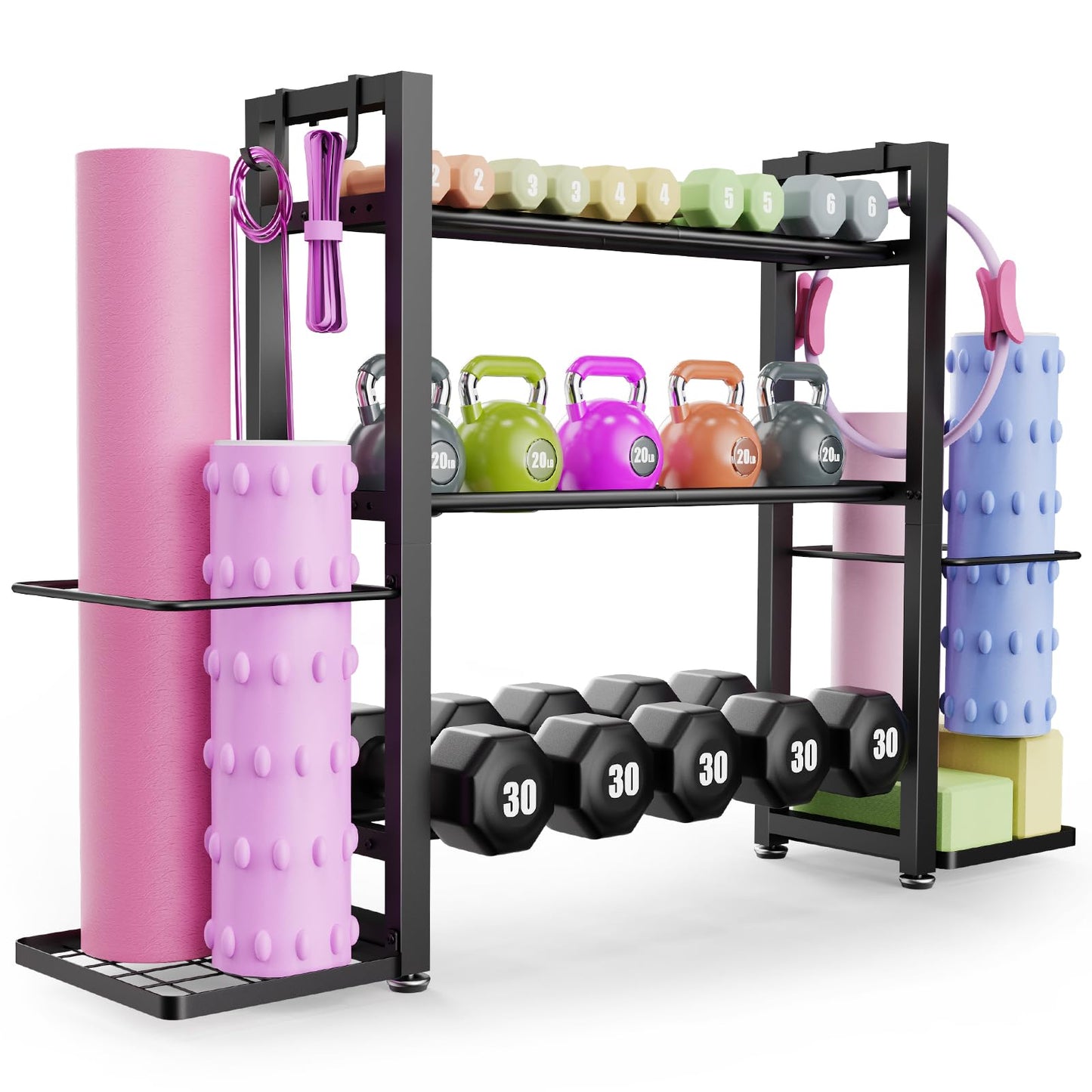 3-Tier Small Adjustable Dumbbell Rack, 450LBS Capacity Home Gym Weight Rack with Yoga Mat Holder & Hooks, Space Saving Workout Equipment Storage Organizer, Tool-free Assembly