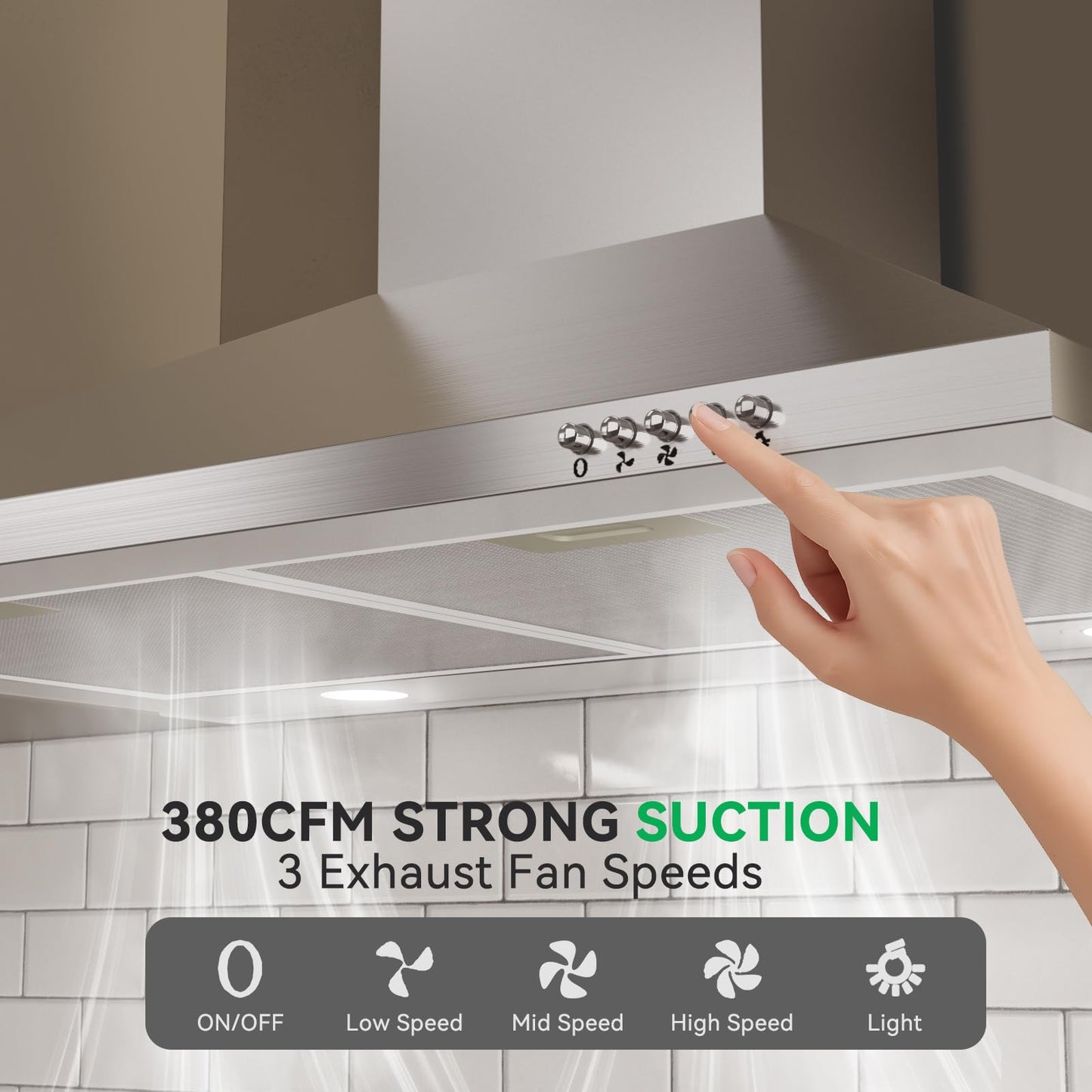 Hermitlux Range Hood 30 inch, Stainless Steel Wall Mount Vent Hoods for Kitchen with Charcoal Filter, Ducted/Ductless Convertible, 3 Speed Exhaust Fan, LED Light, Button Control