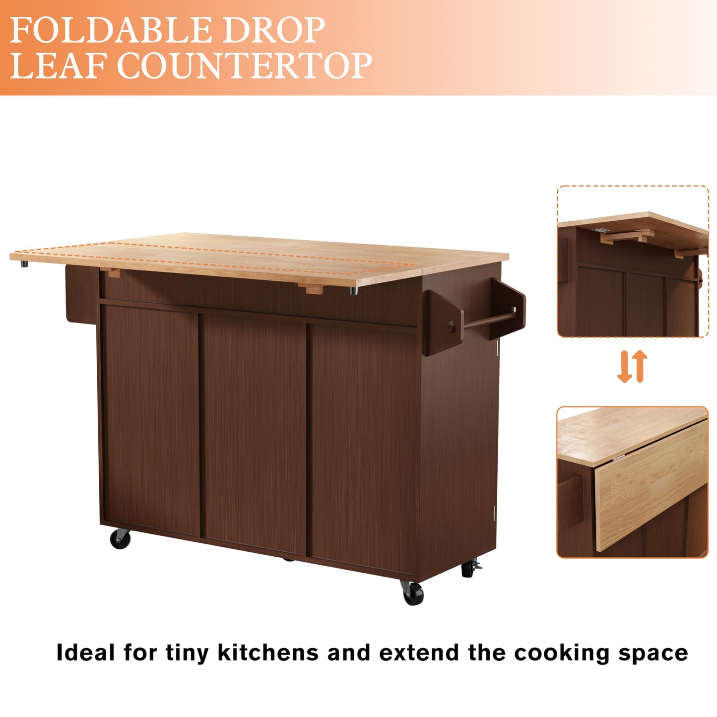 HLR Kitchen Island On Wheels, Brown Rolling Kitchen Island Cart with Solid Wood Drop Leaf Breakfast Bar, Barn Door Kitchen Islands with Storage Cabinet and Tower Rack, Island Table for Kitchen