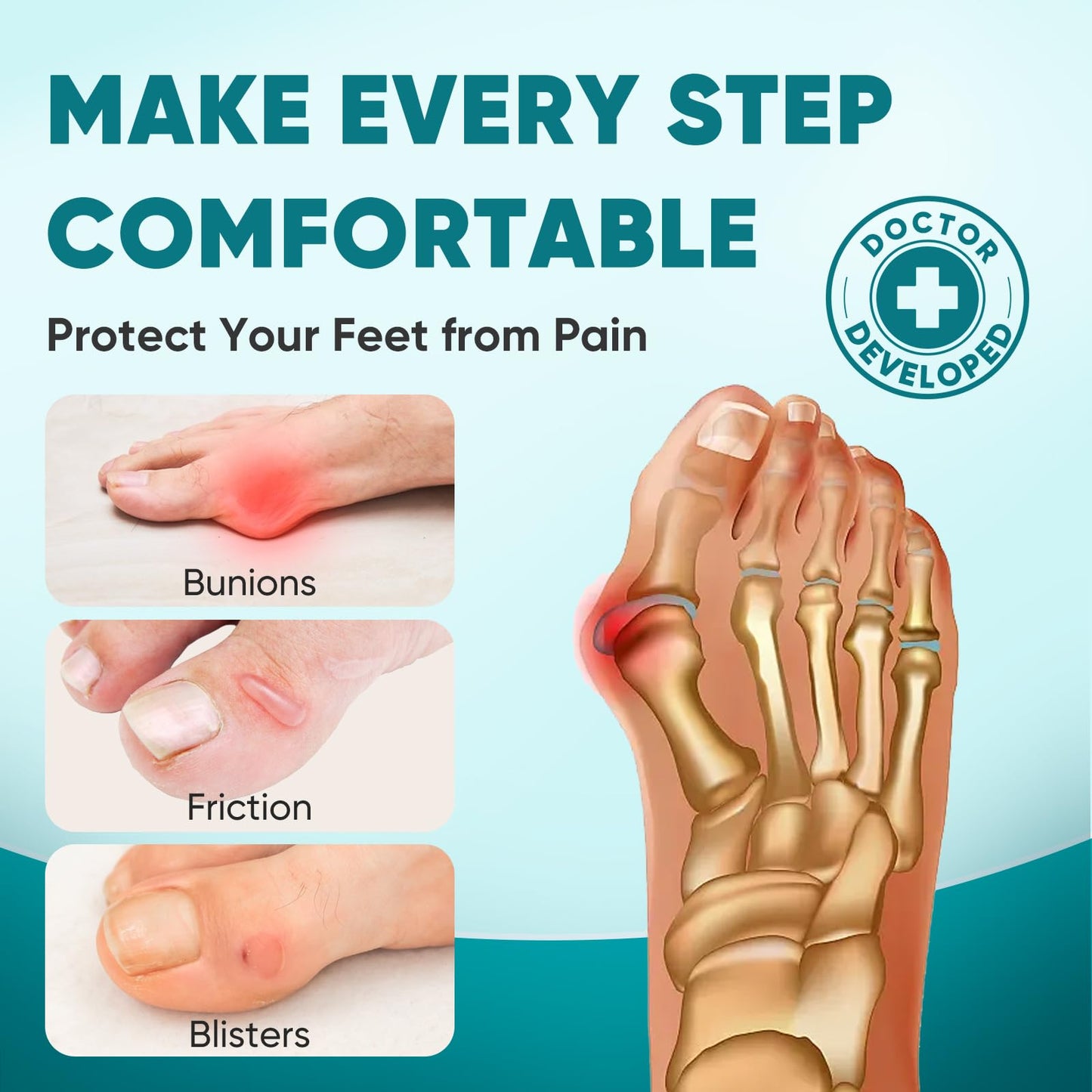 TEAWOO 40 Count Bunion Kinesiology Tape, Pre-Cut Waterproof Bunion Tape for Bunion Pain Relief, Breathable Hypoallergenic Latex-Free Tape for Toe & Foot Support, Black & Beige