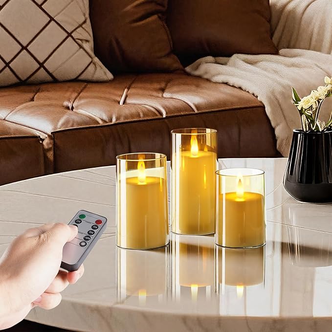 Homemory Realistic Flickering Flameless Candles, Battery Operated Candles with Remote Control and Timer, LED Fake Electric Candle for Home, Christmas Decoration, Gold, Set of 3