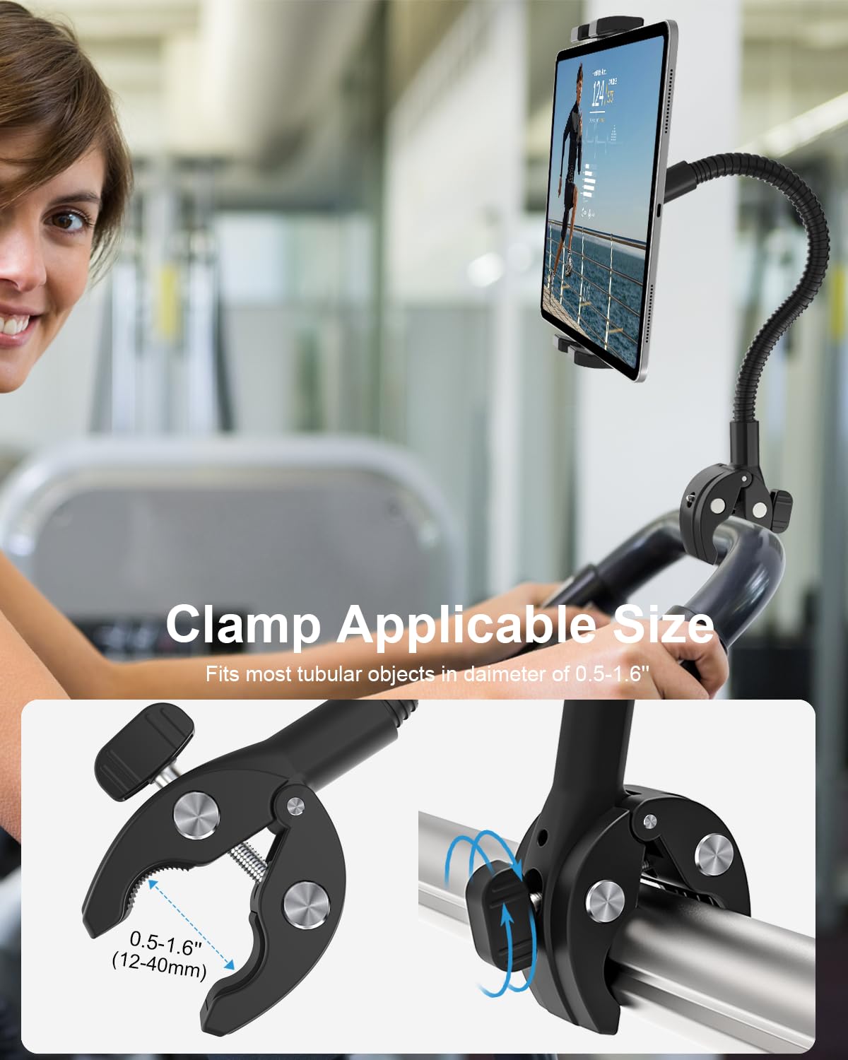 Gooseneck Tablet Holder for Wheelchair/Stroller/Golf Cart/Boat/Mic stand/Indoor Cycling Bike/Gym Bicycle Handlebar Clamp, Compatible with 4.7-13" iPad Pro/Air/Mini, iPhone, Galaxy, Fire HD, E-book