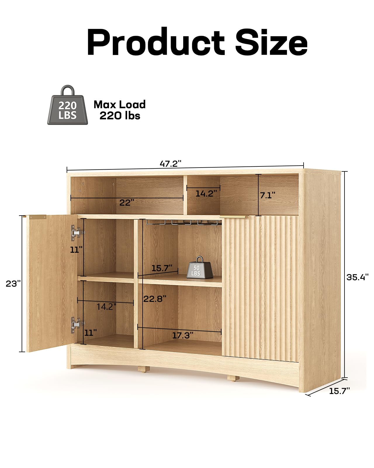 Marsail 47.2" Bar Cabinets with Storage, Modern Buffet Cabinet, Large Sideboard with 2 Fluted Panel Doors, Coffee Bar Cabinet with Adjustable Shelf and Glass Rack for Kitchen, Living Room, Natural Oak