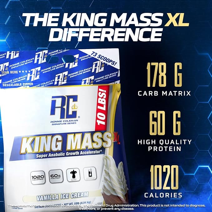 Ronnie Coleman Signature Series King Mass XL Mass Gainer Protein Powder ??Dark Chocolate Weight Gainer with 60g Protein, 180g Carbohydrates, 1,000+ Calories, Creatine & Glutamine ??10 Pound