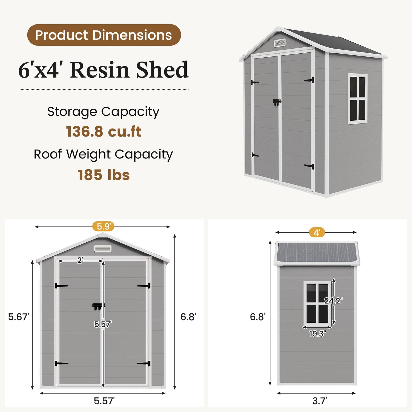 UDPATIO Outdoor Storage Shed 6x4 FT, Garden Resin Shed for Bike, Garbage Can, Tools, Outside Plastic Sheds with Floor for Backyard, Patio, Lawn, Grey & White