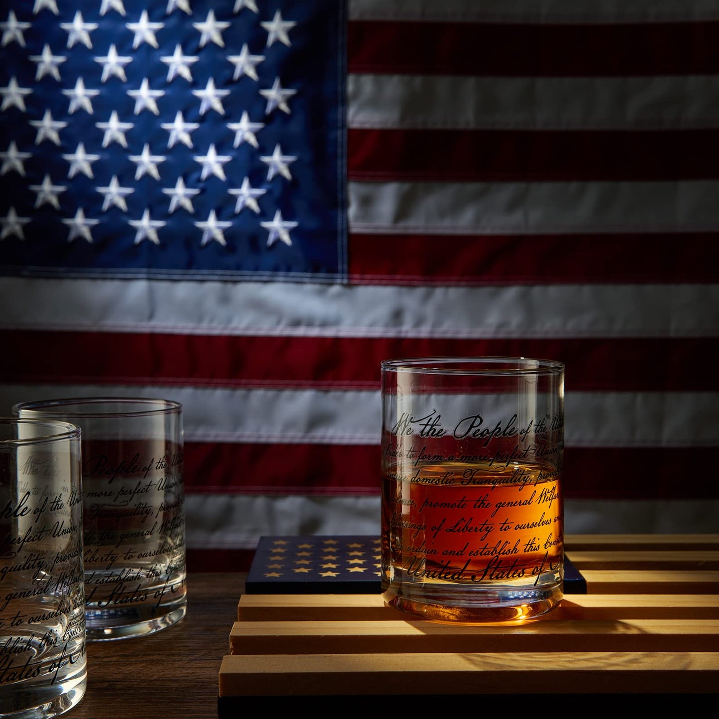 Whiskey Glasses – United States Constitution - Wood American Flag Tray & Set of 4 We The People 10oz America Glassware, Old Fashioned Rocks Glass, Freedom of Speech Law Gift Set US Patriotic