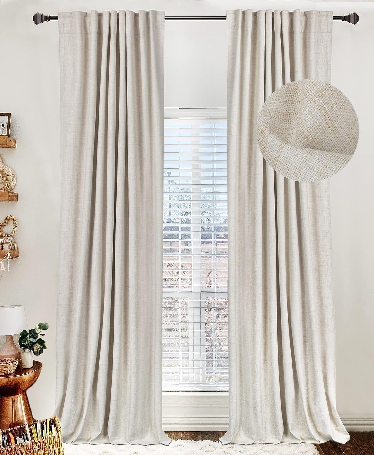 Skiennix 100% Blackout Linen Curtains - Thermal Insulated Drapes, 50" W x 96" L, Cream - 2 Panels Set