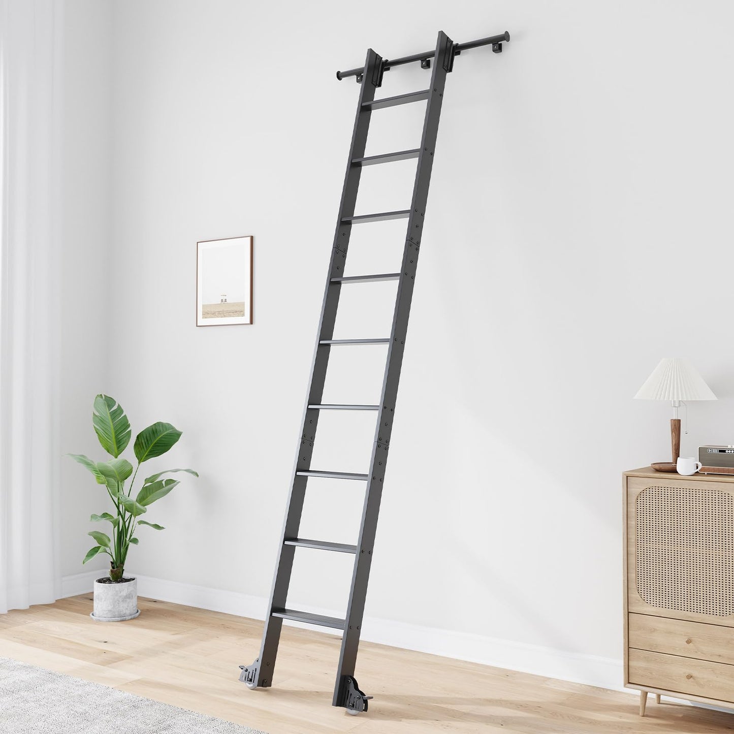 Fredbeck 10FT Rolling Library Aluminium Step Ladder 120" with 4FT Sliding Hardware Track Kit Bottom Wheel Included,for Kitchen,Loft,Warehouses,Bookstore,Atti,Dressing Room,Metal Black