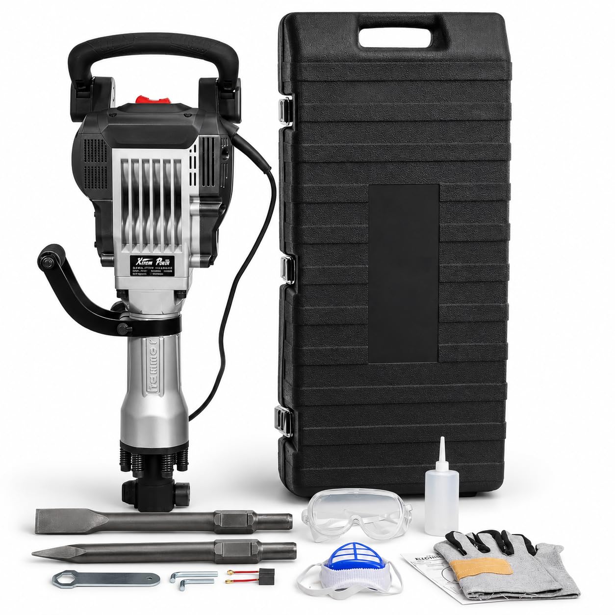 XtremepowerUS 3600W Electric Demolition Jack Hammer Point Chisel Bits Construction Concrete Breaker Punch Drill DIY Floor Drill 2 Chisel Bits (Flat Chisel & Point Chisel) with Case